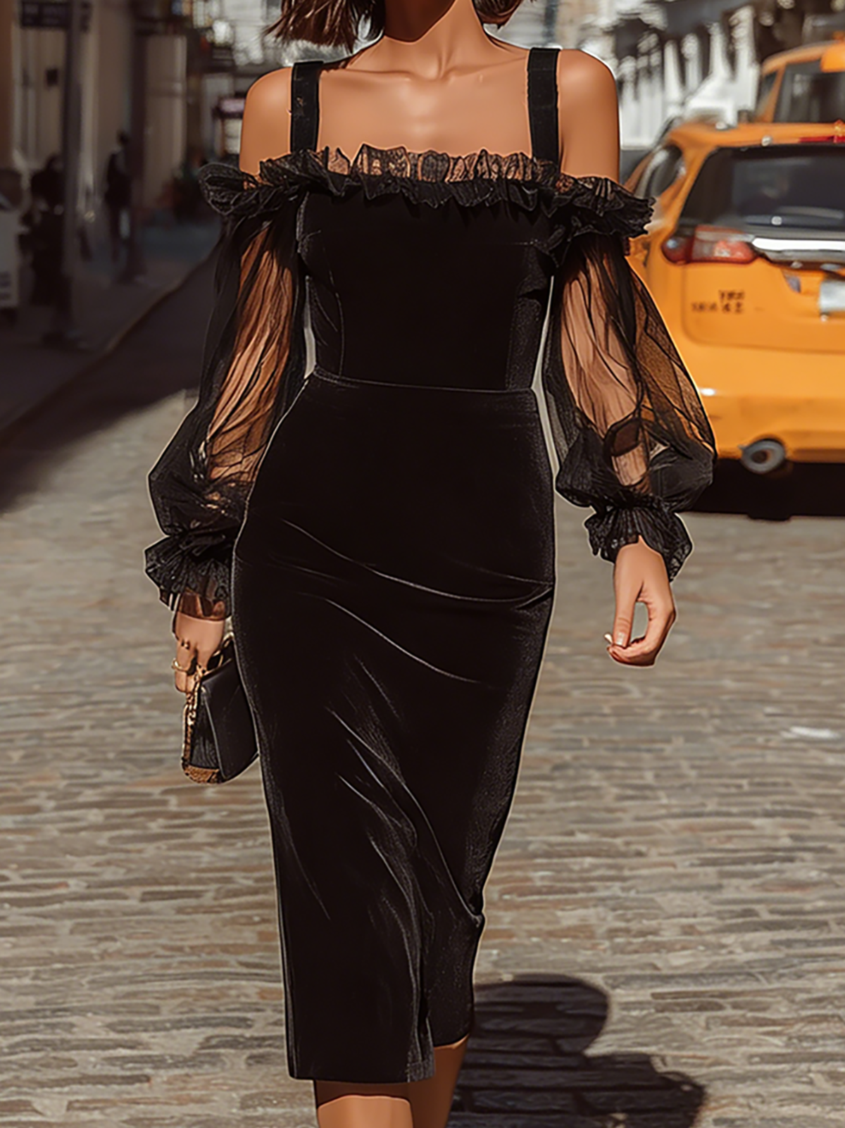 Whisperelle Black Velvet Mesh Puff Sleeve Ruffle Midi Dress