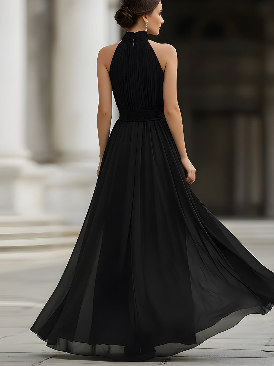Whisperelle Black Halter Neck Pleated Chiffon Flowy Maxi Dress