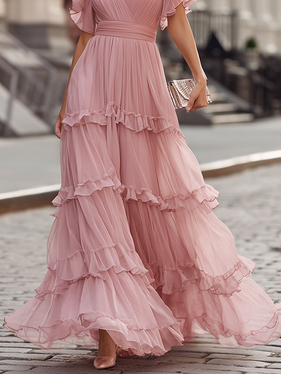 Whisperelle Pink Ruffle Sleeve V-Neck Tiered Chiffon Maxi Dress