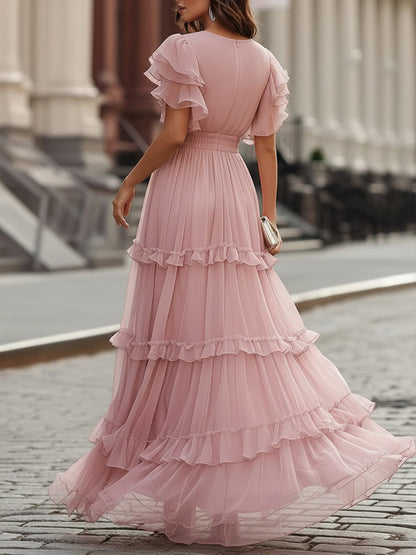 Whisperelle Pink Ruffle Sleeve V-Neck Tiered Chiffon Maxi Dress