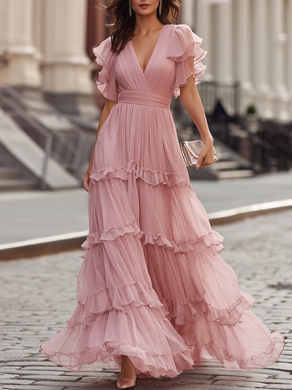 Whisperelle Pink Ruffle Sleeve V-Neck Tiered Chiffon Maxi Dress