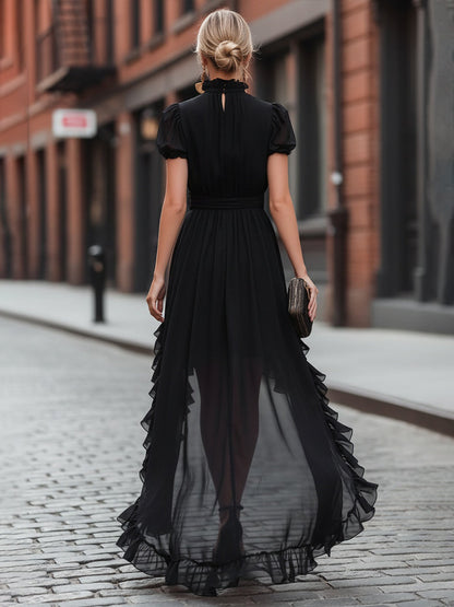 Whisperelle Black High Neck Ruffle Hi-Low Tie Waist Maxi Dress