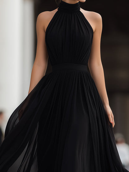 Whisperelle Black Halter Neck Pleated Chiffon Flowy Maxi Dress