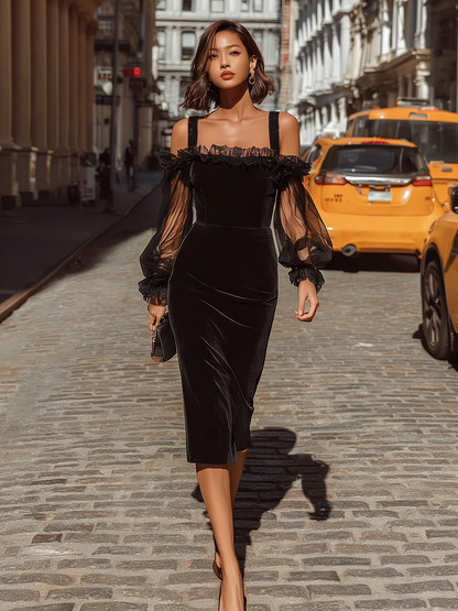 Whisperelle Black Velvet Mesh Puff Sleeve Ruffle Midi Dress