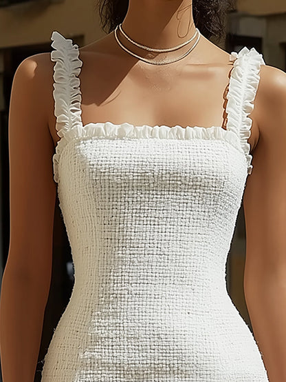 Whisperelle White Tweed Ruffle Strap Bodycon Mini Dress