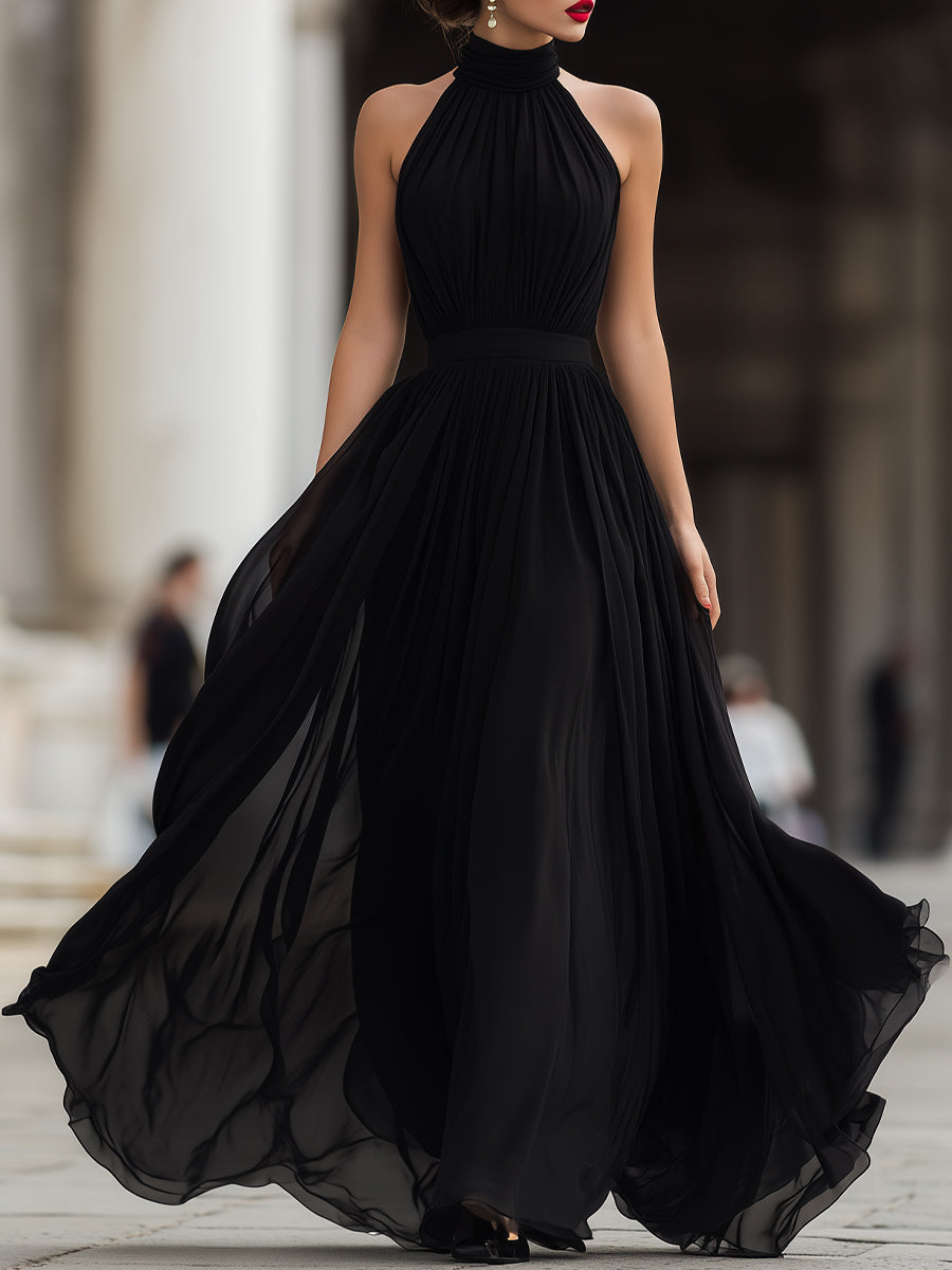 Whisperelle Black Halter Neck Pleated Chiffon Flowy Maxi Dress