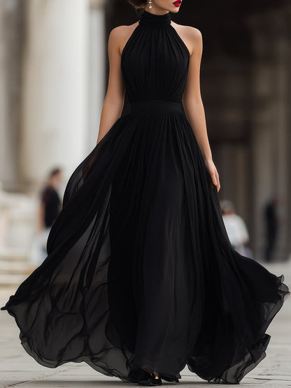 Whisperelle Black Halter Neck Pleated Chiffon Flowy Maxi Dress