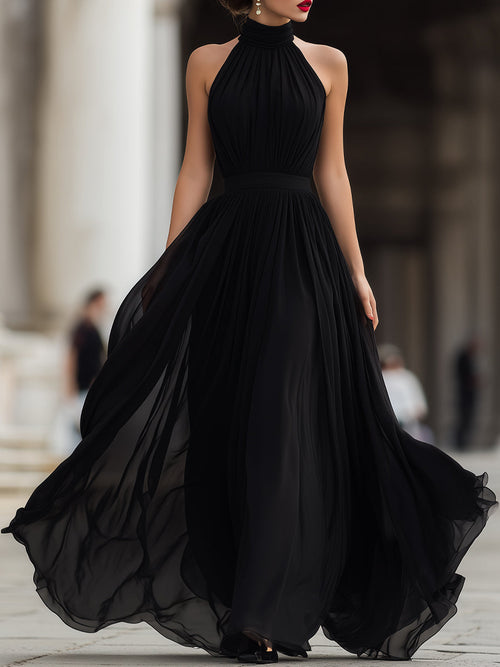 Whisperelle Black Halter Neck Pleated Chiffon Flowy Maxi Dress