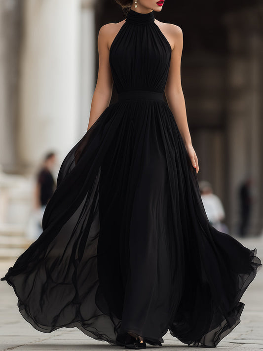 Whisperelle Black Halter Neck Pleated Chiffon Flowy Maxi Dress