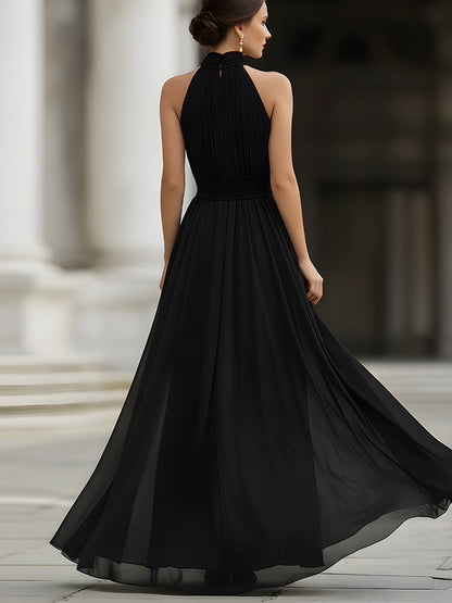 Whisperelle Black Halter Neck Pleated Chiffon Flowy Maxi Dress