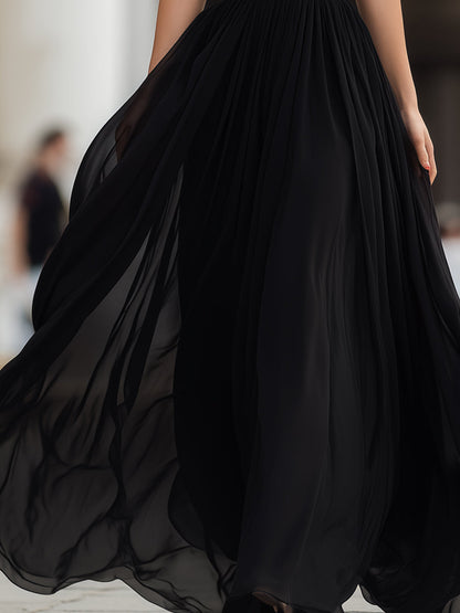 Whisperelle Black Halter Neck Pleated Chiffon Flowy Maxi Dress
