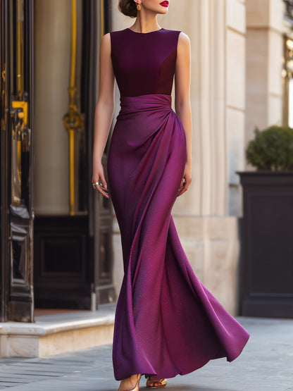 Whisperelle Purple Ruched Waist Sleeveless Mermaid Maxi Dress